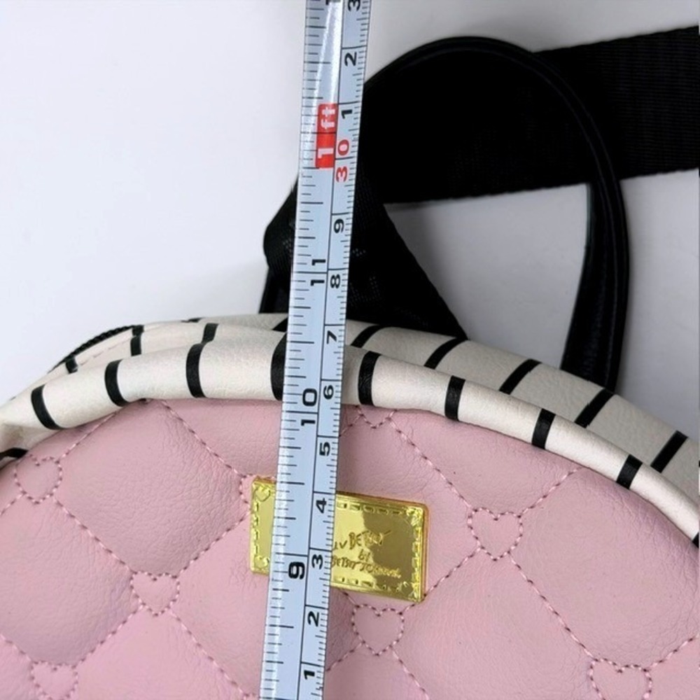 Luv Betsey by Betsey Johnson Mini Backpack Pink Black Heart Quilt Striped Chain - Picture 12 of 13